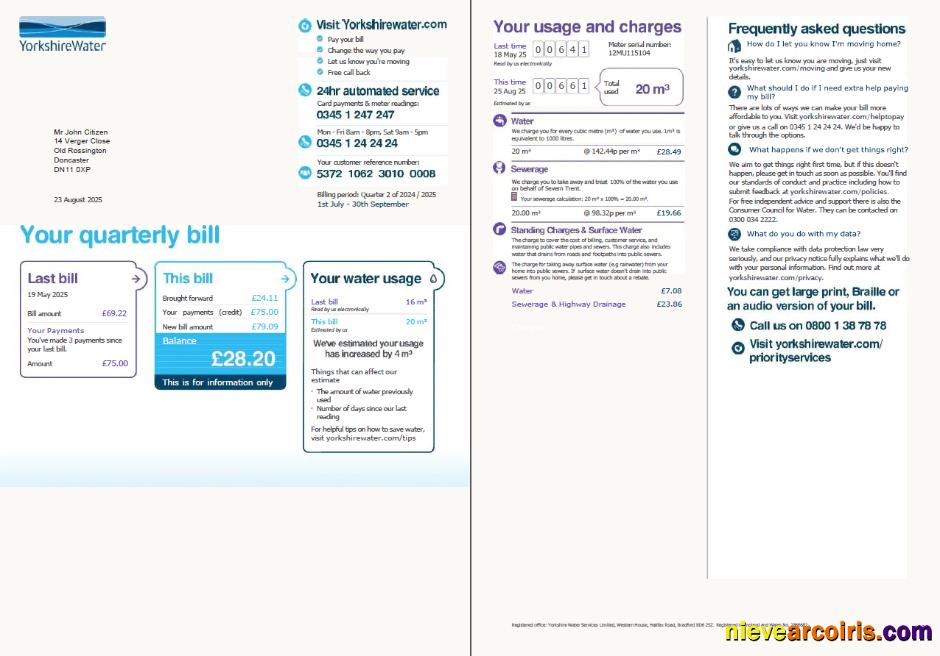 United Kingdom Yorkshire Water utility bill, 2 pages, version 2